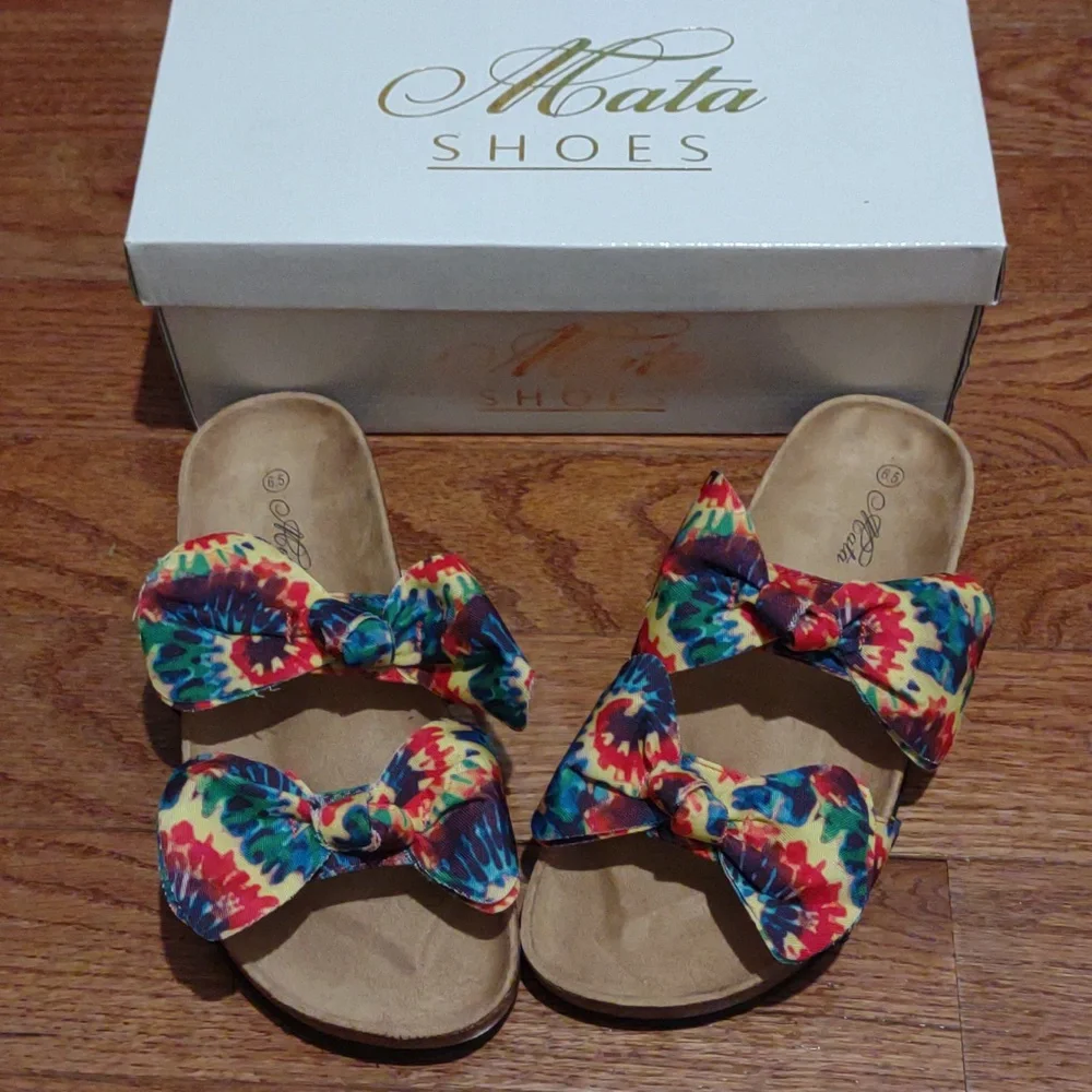 💦MATA Boardwalk👣16 Green/Yellow Double Bow Tie Died Sandals - Picture 5 of 10